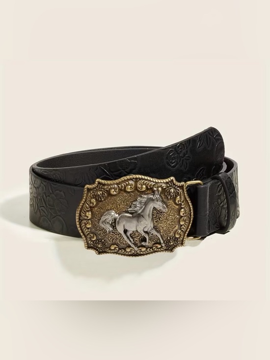 Accessories - Western Black PU Leather Belt with Decorative Horse Buckle in Antique Gold